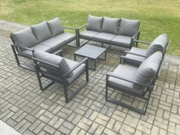 Rackhams Aluminium Outdoor Garden Furniture Set Patio Lounge Sofa with Square Coffee Table 3 Armchairs Dark Grey - thumbnail 2
