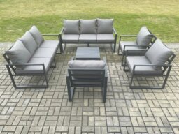 Rackhams Aluminium Outdoor Garden Furniture Set Patio Lounge Sofa with Square Coffee Table 3 Armchairs Dark Grey - thumbnail 1