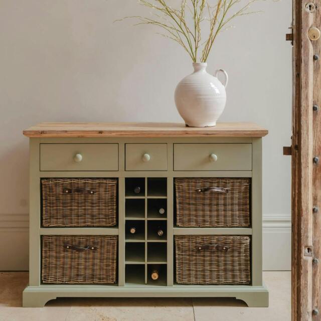 Rackhams Florence Wooden Sideboard with Wine Rack, 3 Drawers and Storage Baskets - Sage Green - image 1