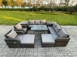 Rackhams Outdoor Lounge Sofa Set Wicker PE Rattan Garden Furniture Set with Rectangular Dining Table 2 Side Tables 2 Big Footstool Dark Grey Mixed - thumbnail 2