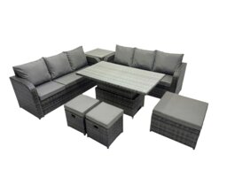 Rackhams Rattan Garden Furniture Dining Set 9 seater Patio Height Adjustable Rising Lifting Table Sofa Set with Side Table 3 Footstools Dark Grey Mixed - thumbnail 2
