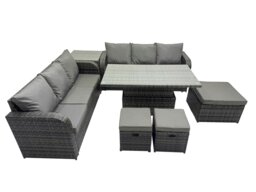 Rackhams Rattan Garden Furniture Dining Set 9 seater Patio Height Adjustable Rising Lifting Table Sofa Set with Side Table 3 Footstools Dark Grey Mixed - thumbnail 1