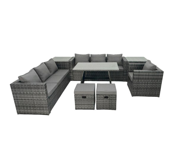 Rackhams Rattan Dining Table Sofa Set with 2 Side Tables 2 Small Footstools Outdoor 9 Seat Garden Furniture Set Dark Grey Mixed - image 1