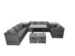 Rackhams Rattan Dining Table Sofa Set with 2 Side Tables 2 Small Footstools Outdoor 9 Seat Garden Furniture Set Dark Grey Mixed - thumbnail 1