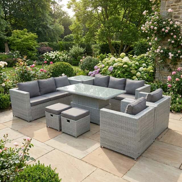 Rackhams Rattan Garden Furniture Set with Height Adjustable Rising Table, 2 Sofas, 2 Chairs, 1 Side Table & 2 Stools - 10 Seater - Light Grey - image 1