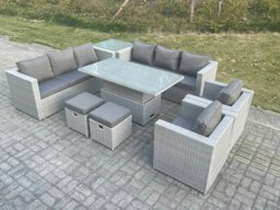 Rackhams Rattan Garden Furniture Set with Height Adjustable Rising Table, 2 Sofas, 2 Chairs, 1 Side Table & 2 Stools - 10 Seater - Light Grey - thumbnail 2