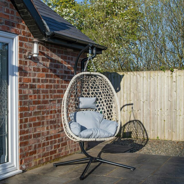 Rackhams Hanging Garden Rattan Egg Chair with Steel Frame and Waterproof Cover in Cool Grey - Hanging Egg Chair - image 1