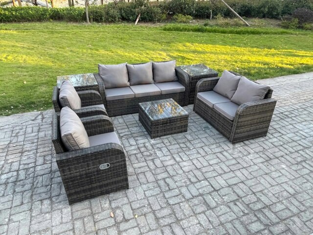 Rackhams 7 Seater Garden Furniture Set Rattan Outdoor Lounge Sofa Chair With Tempered Glass Table 2 Side Tables Dark Grey Mixed - image 1