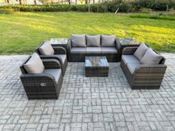Rackhams 7 Seater Garden Furniture Set Rattan Outdoor Lounge Sofa Chair With Tempered Glass Table 2 Side Tables Dark Grey Mixed - thumbnail 2