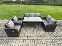 Rackhams 7 Seater Lounge Rattan Sofa Set Outdoor Garden Furniture Oblong Rectangular Dining Table With Adjustable Chair Love Sofa Dark Grey Mixed - thumbnail 1