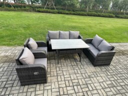 Rackhams 7 Seater Lounge Rattan Sofa Set Outdoor Garden Furniture Oblong Rectangular Dining Table With Adjustable Chair Love Sofa Dark Grey Mixed - thumbnail 2