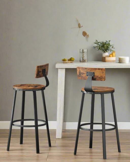 Rackhams Set of 2 Industrial Bar Stools with Backrest - 73cm Tall Kitchen Breakfast Chairs - image 1