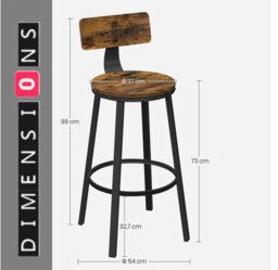 Rackhams Set of 2 Industrial Bar Stools with Backrest - 73cm Tall Kitchen Breakfast Chairs - thumbnail 3