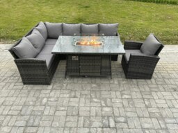 Rackhams Rattan Garden Furniture High Back Corner Sofa Gas Fire Pit Dining Table Sets Gas Heater with Armchair 7 Seater Dark Grey Mixed