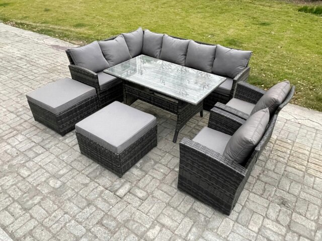 Rackhams 10-Seater Dark Grey Rattan Outdoor Corner Sofa Set - Rectangular Dining Table, 2 Armchairs, 2 Large Footstools - image 1