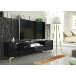 Rackhams Luxury 200cm Black High Gloss TV Unit with Gold Finish Accents Sleek Stand Cabinet - 200 cm - 1 - MDF/Chipboard - thumbnail 3