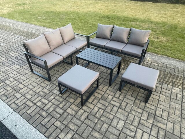 Rackhams Aluminium Patio Outdoor Garden Furniture Lounge Sofa Set with Oblong Coffee Table 2 Big Footstools Dark Grey - image 1