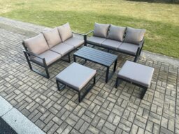 Rackhams Aluminium Patio Outdoor Garden Furniture Lounge Sofa Set with Oblong Coffee Table 2 Big Footstools Dark Grey - thumbnail 1