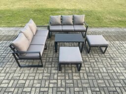 Rackhams Aluminium Patio Outdoor Garden Furniture Lounge Sofa Set with Oblong Coffee Table 2 Big Footstools Dark Grey - thumbnail 2