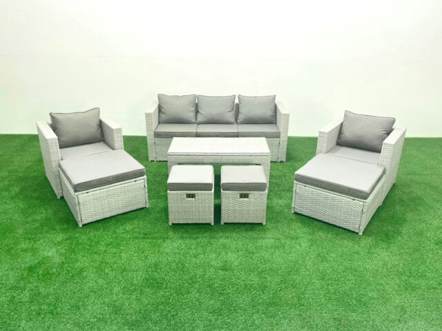 Rackhams Rattan Garden Furniture Set Outdoor Lounger Sofa with Coffee Table 4 Footstools Light Grey Mixed 9 Seater - image 1