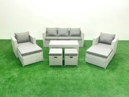 Rackhams Rattan Garden Furniture Set Outdoor Lounger Sofa with Coffee Table 4 Footstools Light Grey Mixed 9 Seater - thumbnail 1