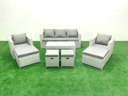 Rackhams Rattan Garden Furniture Set Outdoor Lounger Sofa with Coffee Table 4 Footstools Light Grey Mixed 9 Seater - thumbnail 2
