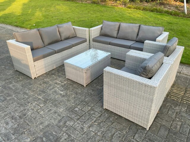 Rackhams Light Grey Outdoor PE Rattan Garden Furniture Set Wicker Sofa Set Oblong Coffee Table 2 Armchair - image 1