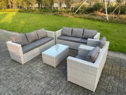 Rackhams Light Grey Outdoor PE Rattan Garden Furniture Set Wicker Sofa Set Oblong Coffee Table 2 Armchair - thumbnail 2