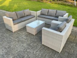 Rackhams Light Grey Outdoor PE Rattan Garden Furniture Set Wicker Sofa Set Oblong Coffee Table 2 Armchair - thumbnail 1