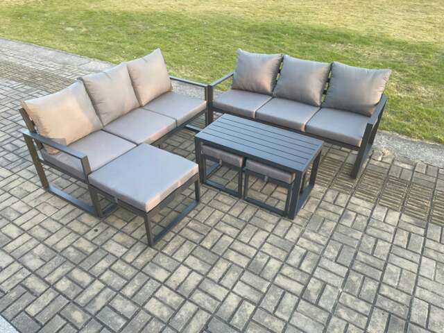 Rackhams Aluminium Patio Outdoor Garden Furniture Lounge Sofa Set with Oblong Coffee Table 3 Footstools Dark Grey - image 1