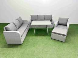 Rackhams 5 Pieces Outdoor PE Rattan Garden Furniture with Cushions Reclining Chair Big Stool Light Grey