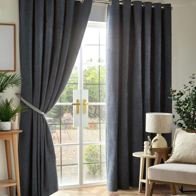Rackhams Chenille Blackout Ring Top Eyelet Curtains - Charcoal - 117cm width x 229cm drop - image 1