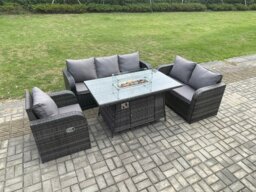 Rackhams Rattan Garden Furniture Set with Fire Pit Table 6 Seater Outdoor Lounge Sofa Set Dark Grey Mixed - thumbnail 2
