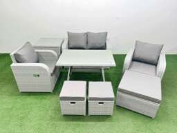 Rackhams Light Grey PE Wicker Rattan Garden Furniture Set Sofa Set Reclining Chair Love Sofa Rectangular Dining Table 3 Stools Side Table - thumbnail 1