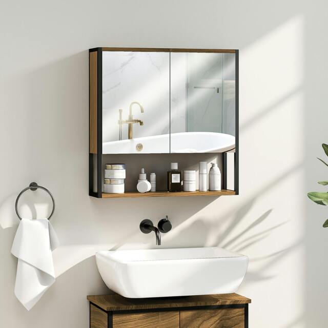 Rackhams Industrial Bathroom Cabinet with 2 Mirrored Doors Open Shelf, White - image 1