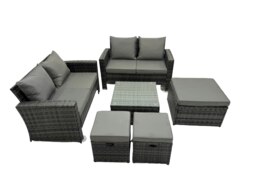 Rackhams PE Rattan Garden Furniture Set Lounge Double Seat Sofa Coffee Table Set with 3 Stools Dark Grey Mixed - thumbnail 2