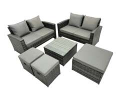Rackhams PE Rattan Garden Furniture Set Lounge Double Seat Sofa Coffee Table Set with 3 Stools Dark Grey Mixed - thumbnail 1