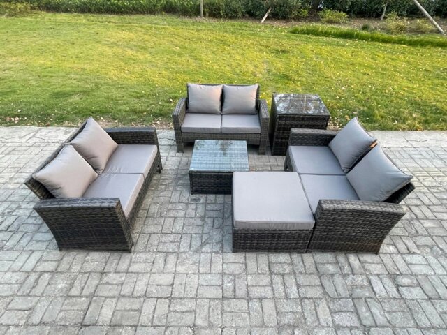Rackhams 7 Seater Rattan Wicker Garden Furniture Patio Conservatory Sofa Set with Square Coffee Table Double Seat Sofa Big Footstool Side Table - image 1