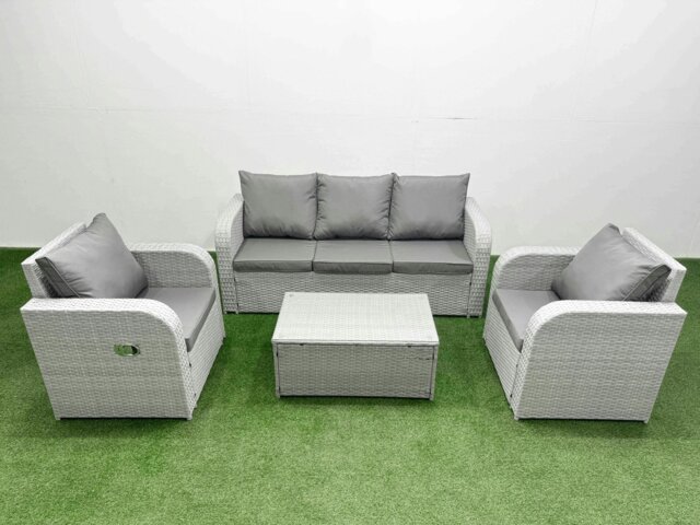 Rackhams PE Rattan Garden Furniture Set Reclining Chair Sofa Lounge Sofa Set Oblong Coffee Table Light Grey - image 1