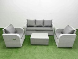 Rackhams PE Rattan Garden Furniture Set Reclining Chair Sofa Lounge Sofa Set Oblong Coffee Table Light Grey - thumbnail 1