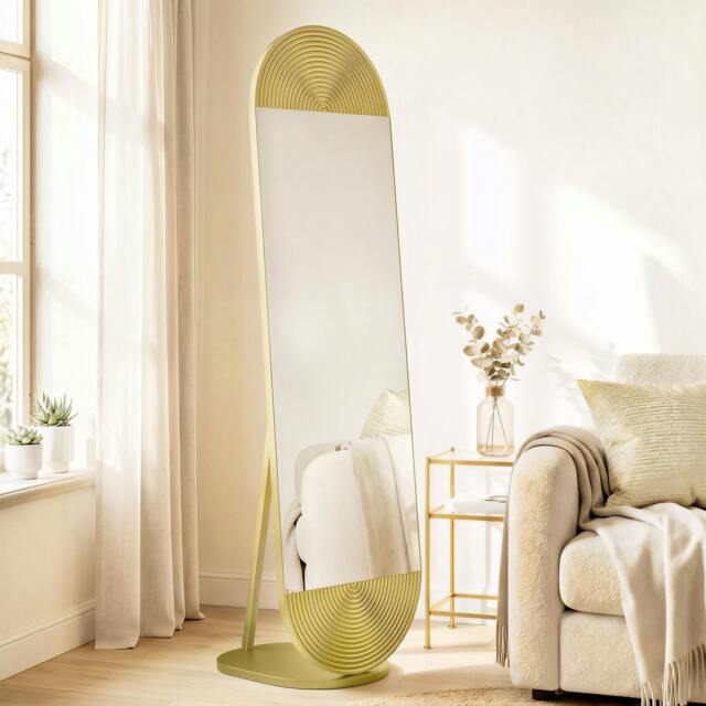 Rackhams Wavy Full Length Mirror with Metal Frame and Base, Gold Tone - image 1