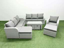 Rackhams Outdoor Garden Furniture Set PE Rattan 3 Seater Sofa Reclining Chair Set with Oblong Coffee Table 4 Footstools Side Table Light Grey - thumbnail 1