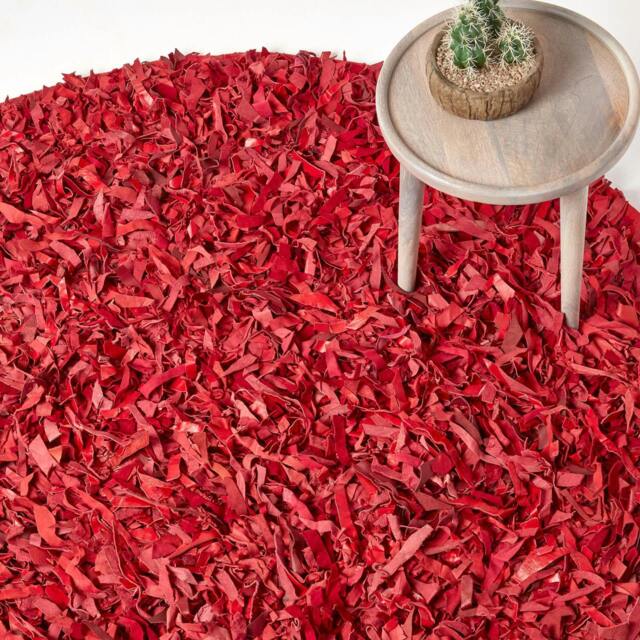 Rackhams Dallas Leather Shaggy Rug - Red - 150 cm Round - image 1