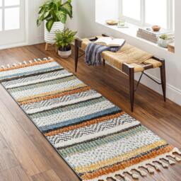 Rackhams Lofty-Shaggy Off-White Black Yellow Vintage Boho Plush Soft Pile Fringe Rug - 80 x 220 cm - thumbnail 1