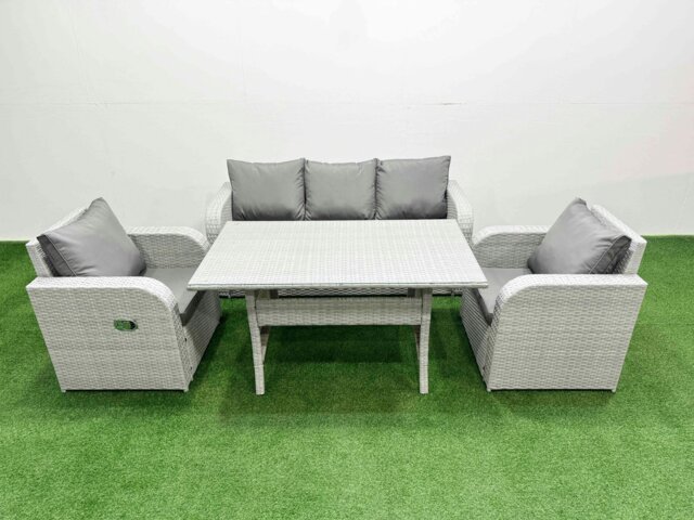 Rackhams PE Rattan Garden Furniture Set Reclining Chair Sofa Lounge Sofa Set Rectangular Dining Table Light Grey - image 1