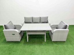 Rackhams PE Rattan Garden Furniture Set Reclining Chair Sofa Lounge Sofa Set Rectangular Dining Table Light Grey - thumbnail 1