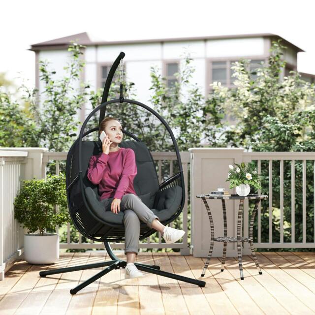 Rackhams Hanging Egg Chair with Stand, Cushions for Garden, Dark Grey - image 1