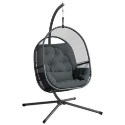 Rackhams Hanging Egg Chair with Stand, Cushions for Garden, Dark Grey - Dark Grey - Steel, Mesh Cloth, Polyester - 112L x 109W x 193H cm - thumbnail 2
