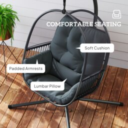 Rackhams Hanging Egg Chair with Stand, Cushions for Garden, Dark Grey - Dark Grey - Steel, Mesh Cloth, Polyester - 112L x 109W x 193H cm - thumbnail 4