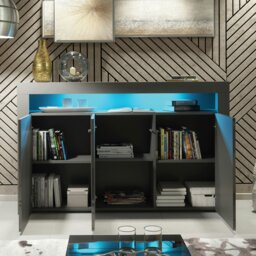 Rackhams Mex Furnitur Modern Sideboard 155cm – Matt Grey Body with Grey Gloss Doors Free LED Lights - 155 cm -  MDF/Chipboard - 1 - thumbnail 3